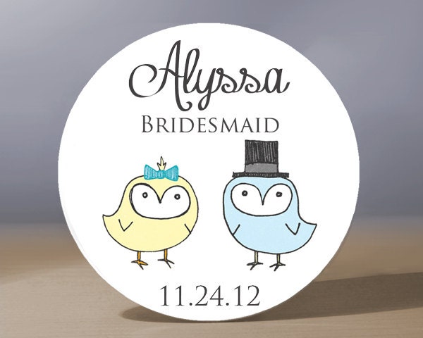 Personalized Pocket Mirror - Owl Couple Bridesmaid 3.5 inch Pocket Mirror with Gift Bag - Weddings - Bridesmaid Gift