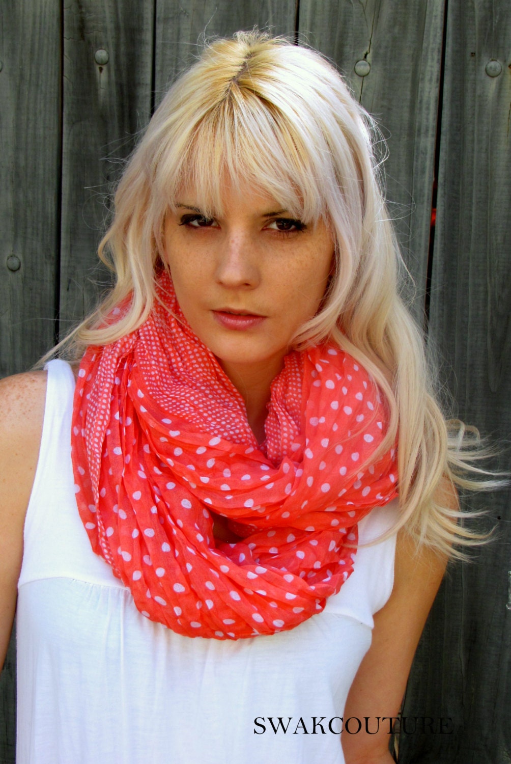 Coral Pink & White Polka Dot Scarf Sheer Infinity/Long Scarf Pink Polka Summer Scarf