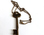 Memory Engraved Skeleton Key Necklace with Brass Chain, Key Jewelry Charm Necklace Vintage Style