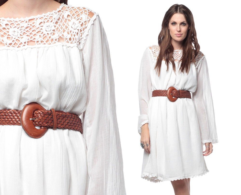 70s Gauze Dress Crochet Tunic Hippie Boho White Cotton 1970s Mini Bohemian Angel Sleeve Vintage Tent Dress Small Medium Extra Large XL