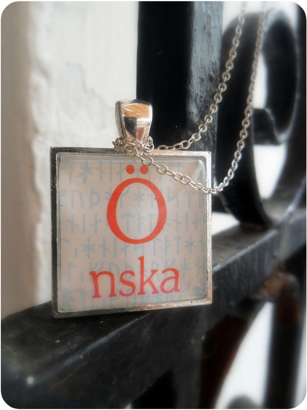 Swedish Letters "Wish" - square silver and red pendant with chain