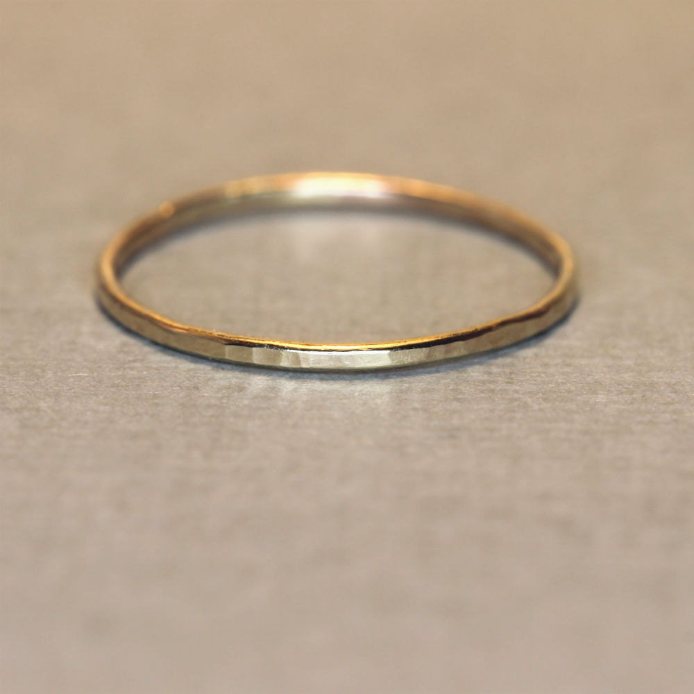 TWO Skinny 14Kt gold ring in yellow and rose gold, hammered stacking ring or knuckle ring