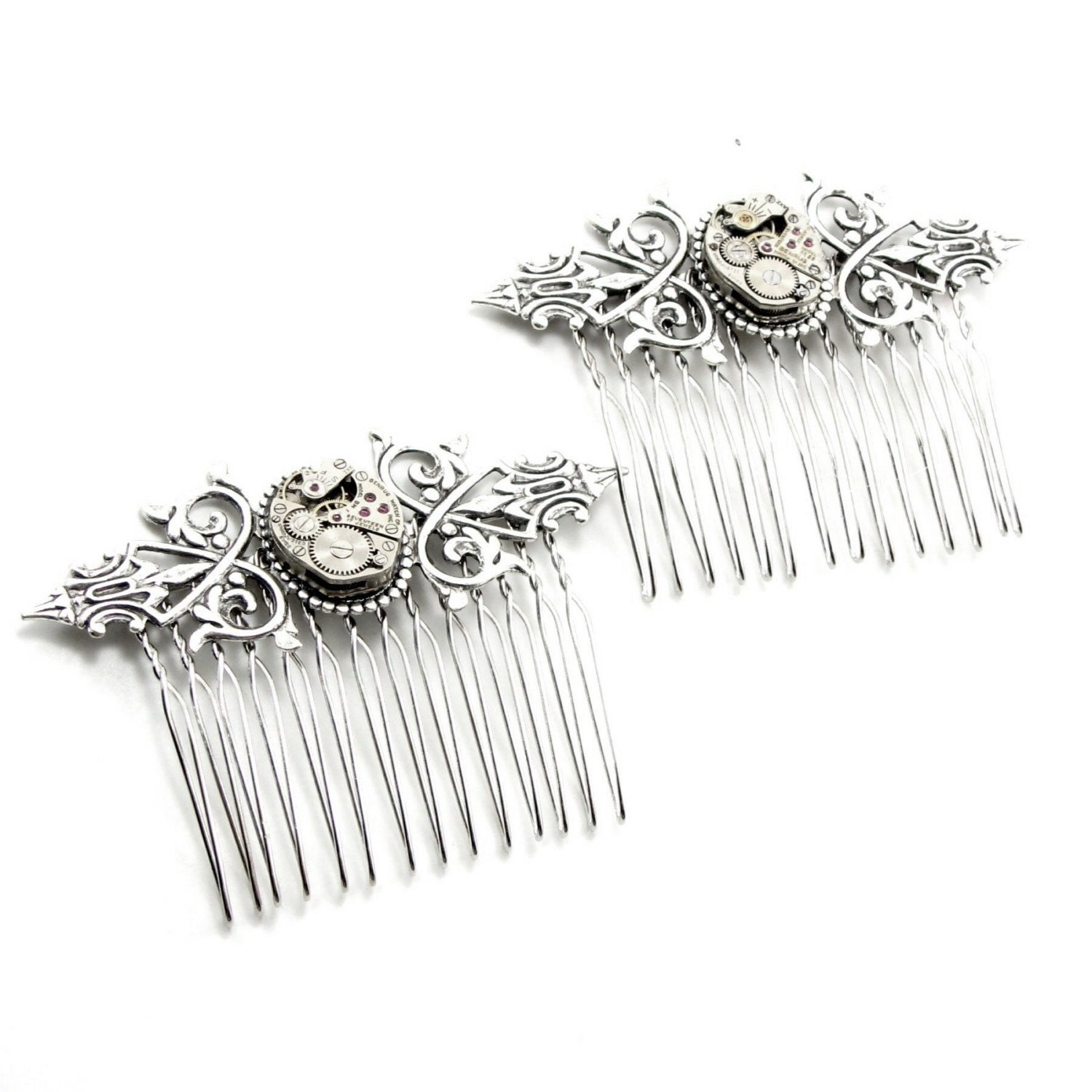 Unique Steampunk Hair Combs with Lovely Gothic Filigree in Plated Sterling Silver and Vintage Watch Movements - SET of 2