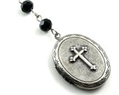 Gothic Mourning Rosary Necklace - Requiem - with Black Czech Glass Beads, Cross Accented Photo Locket and Crown Toggle - by Ghostlove
