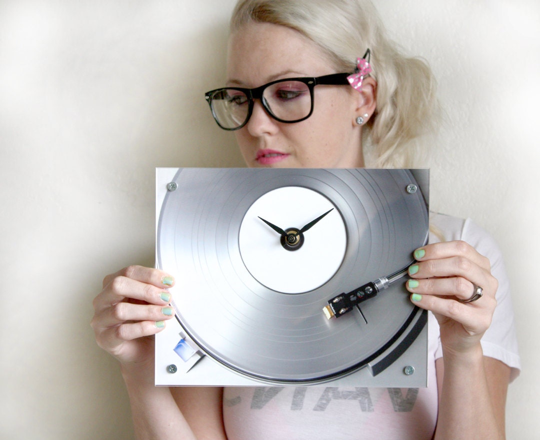 Silver Vinyl Record Player Wall Clock