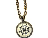 Ship Wheel Illustration Mini Nautical Necklace Brass Sailor Pendant