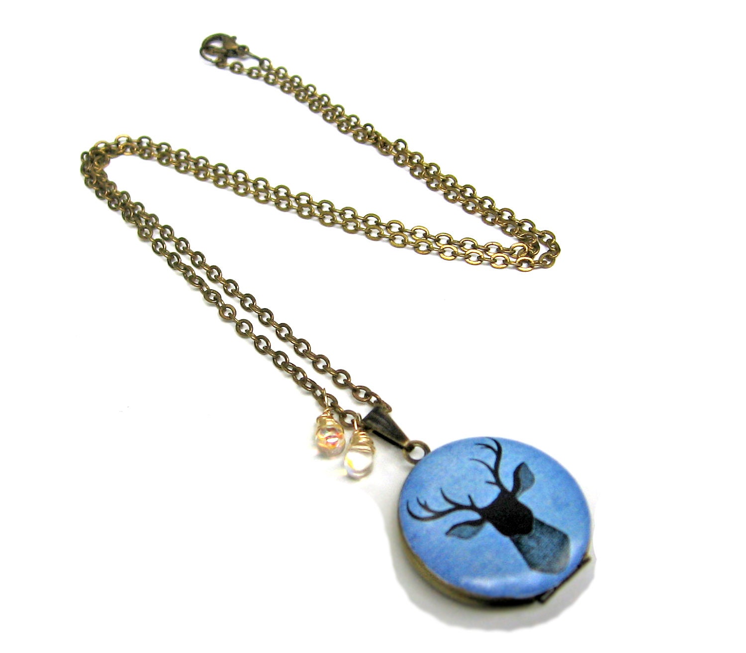 Deer Head Blue Antler Handpainted Brass Locket with Czech Glass Drops 14K Gold Wire