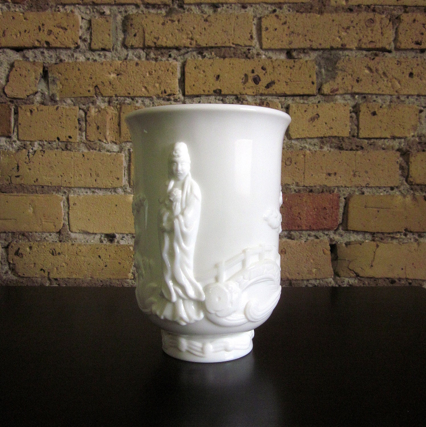 Vintage Milkglass Vase / Goddess in Japanese Garden Relief