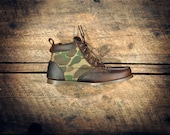 Handcrafted Leather HIGHTOPS - Oiled Brown Cowhide with Camo Canvas Details - Plush Brown Cuff - MADE to ORDER - lovejules