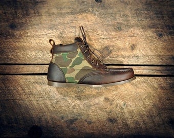 Handcrafted Leather HIGHTOPS - Oiled Brown Cowhide with Camo Canvas Details - Plush Brown Cuff - MADE to ORDER