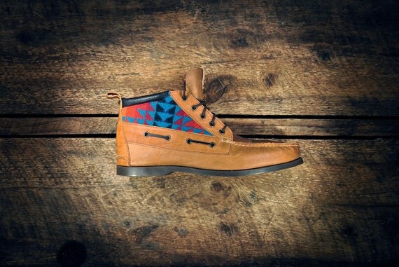 Handcrafted HIGHTOP Leather Boat Shoes - Waxed Tan w/ Teal Southwest Inspired Patterned Wool detail & etched pistols - MADE to ORDER