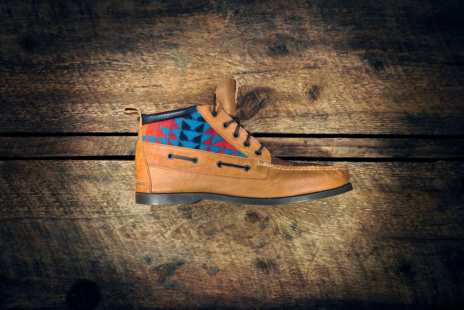Handcrafted HIGHTOP Leather Boat Shoes - Waxed Tan w/ Teal Southwest Inspired Patterned Wool detail & etched pistols - MADE to ORDER