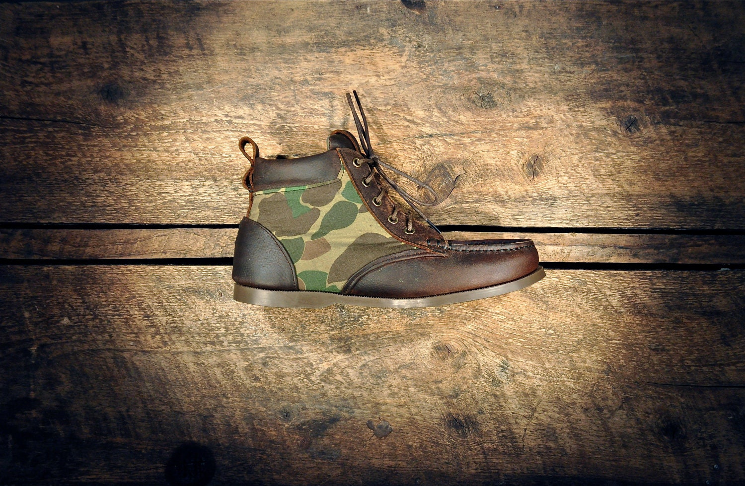 Handcrafted Leather HIGHTOPS - Oiled Brown Cowhide with Camo Canvas Details - Plush Brown Cuff - MADE to ORDER