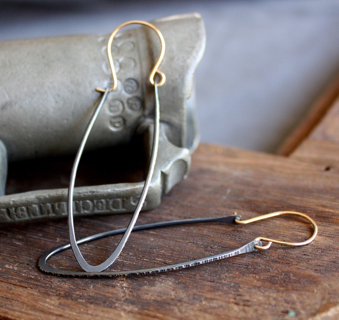 recycled oxidized silver and gold textured hoop- the amphora