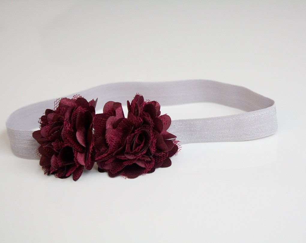 Baby Headband with Burgundy Flowers and Silver Elastic