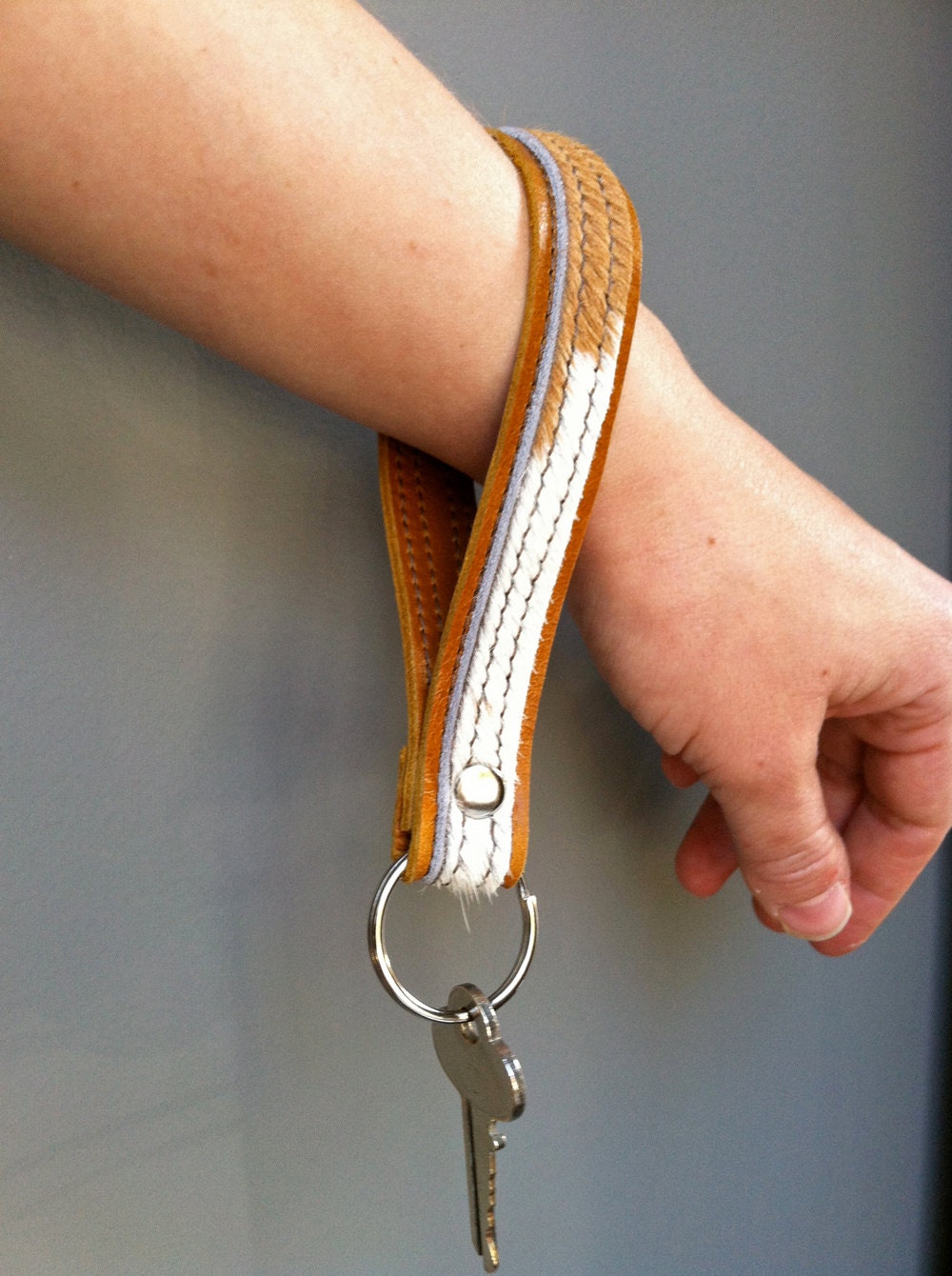 Leather Key Chain Wristlet - Leather Gift - Womens Gift - Caramel Leather - Cream and Tan Hair on Hide Leather