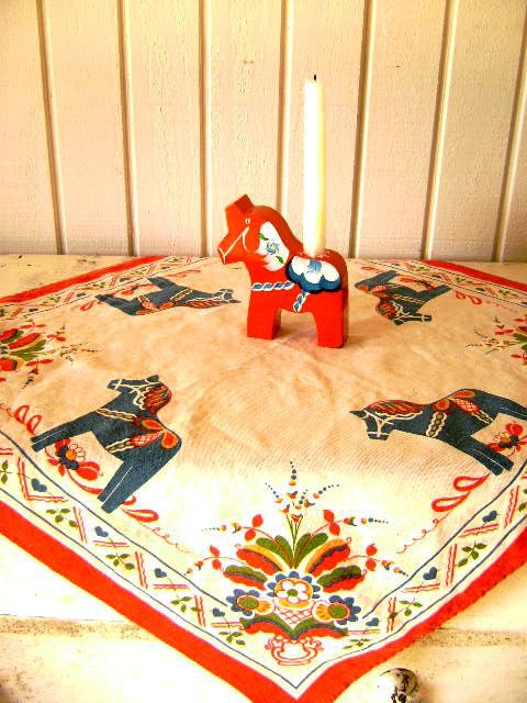 Vintage Swedish Dala Horse Tablecloth, Souvenir, Tripp Trapp Trull, Nusnas, Dalarna, Scandinavian, Textile, Square Fabric, Table Cover