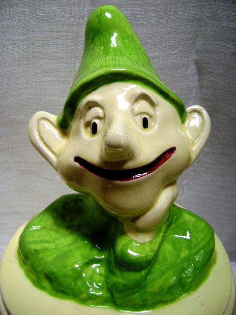 Vintage Cookie Jar, Pixie Elf, Cute Kitchen Kitsch, Lime Green, I see you - junquegypsy