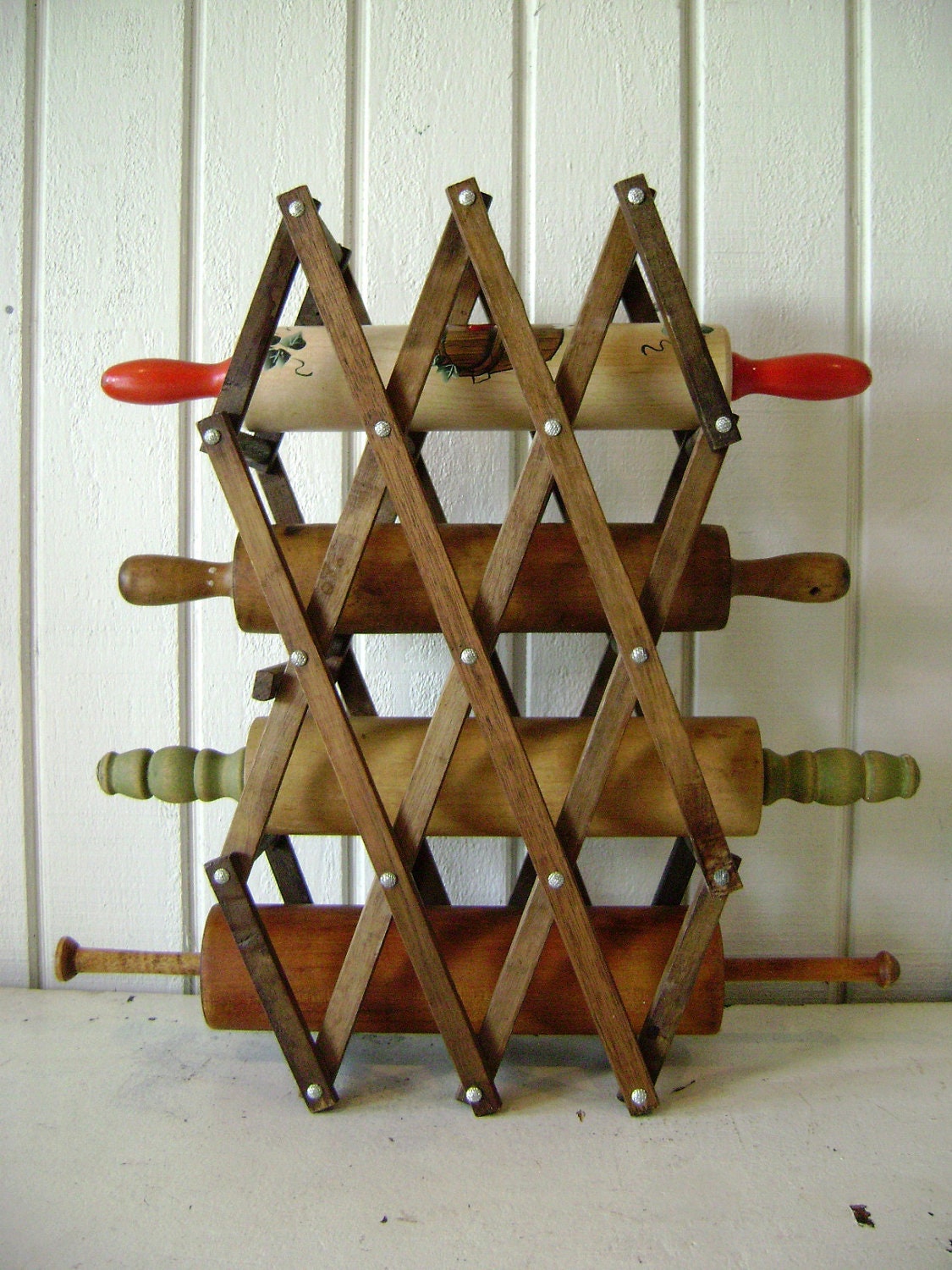 Vintage Display Rack, Accordion, Stained Wood, Shabby Chic Cottage, Holds Rolling Pins, Magazines, Wine, Fabric, Towels, Wine Rack