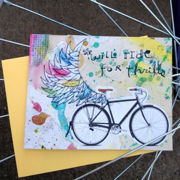 Will Ride For Thrills - 4.25" x 5.5" Mixed Media Bike With Wings Greeting Card with Envelope