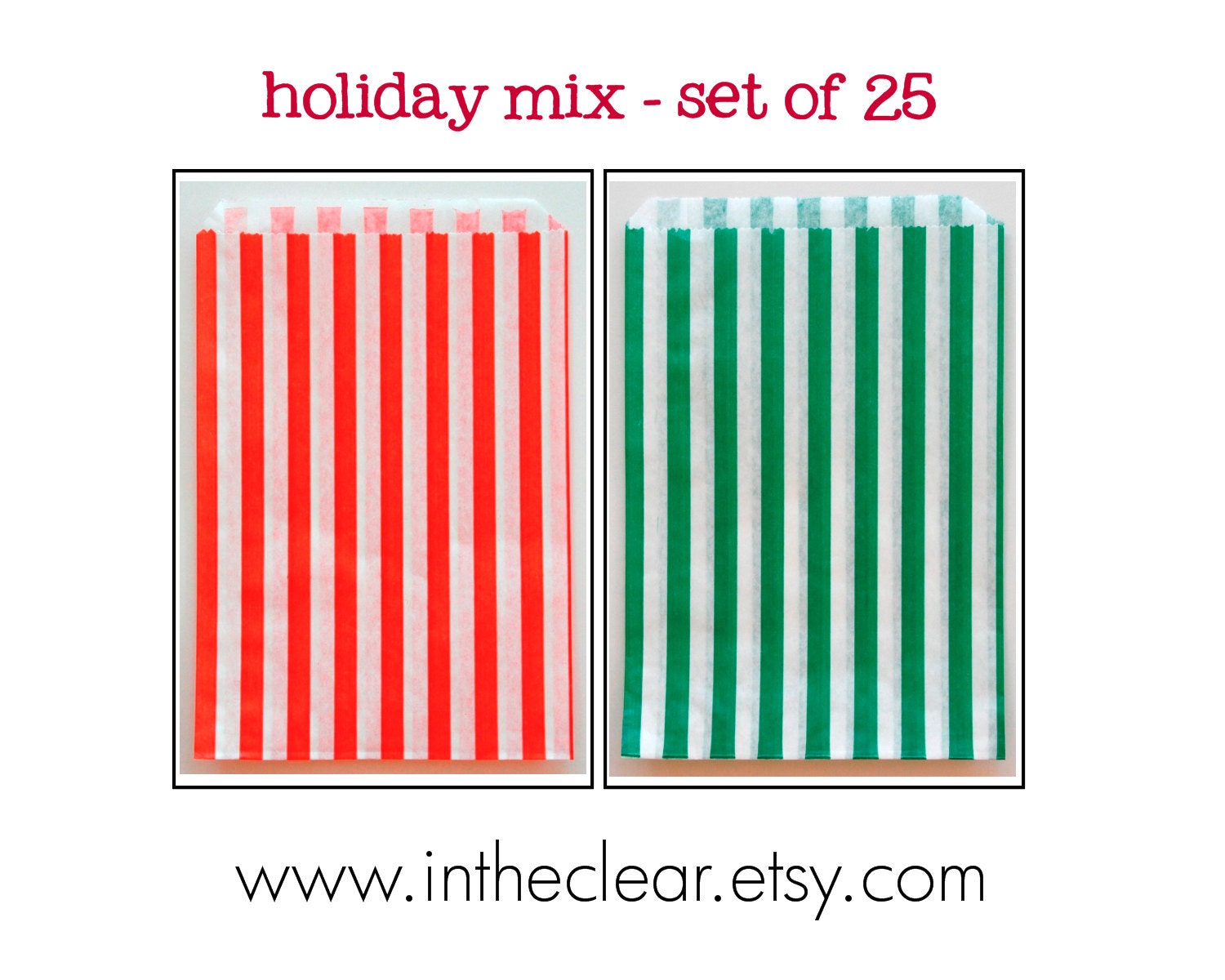 Set of 25 - Traditional Sweet Shop Holiday Christmas Mix Red and Green Candy Stripe Paper Bags - 5 x 7 New Style