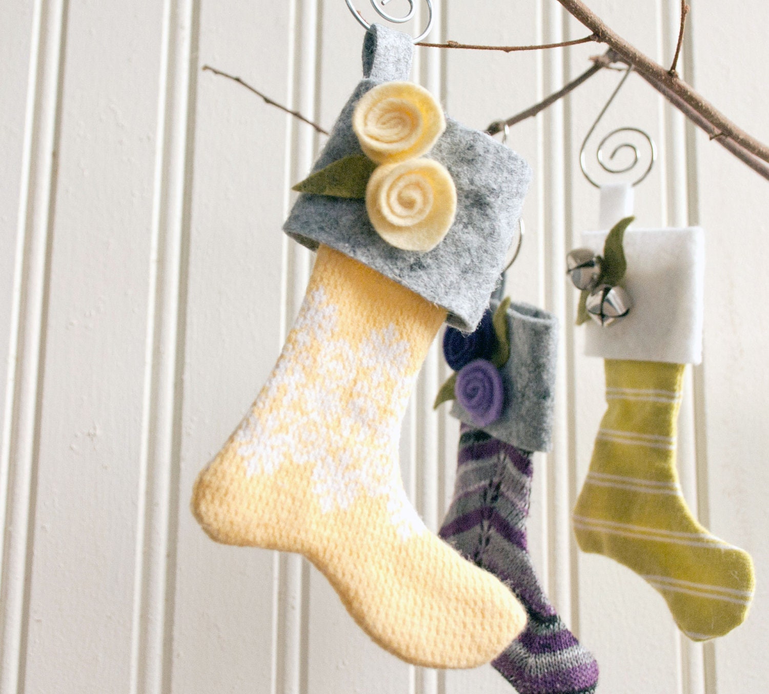 Striped Felt Stocking Ornament -Yellow with White Snowflakes, Tag, Gift Wrap, Secret Santa