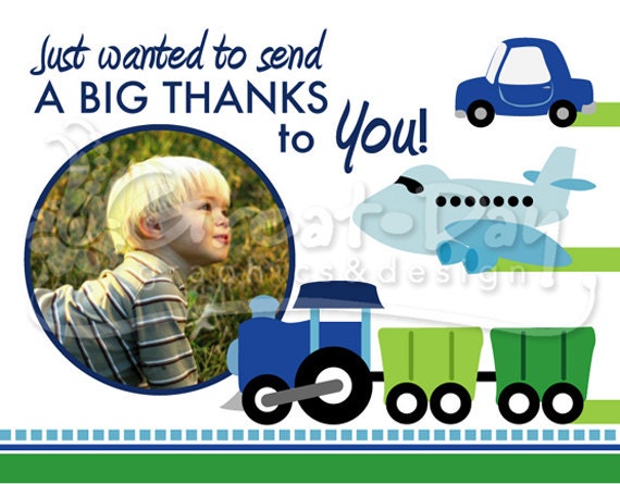 Custom Photo Transportation Birthday Party Thank You TRAINS PLANES AUTOMOBILE Truck Motorcycle