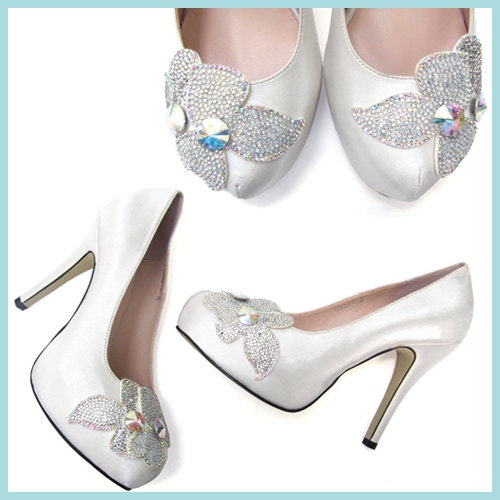 Crystal Embellished Flower Applique Off White Ivory Satin Bridal Wedding Platform Pumps Shoes