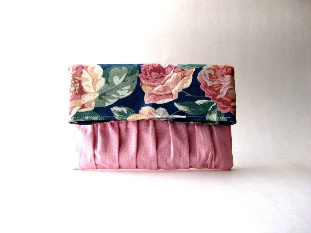 Fold over, handbag, clutch, pouch - Delicada Fold Over Clutch in pink / floral Cotton