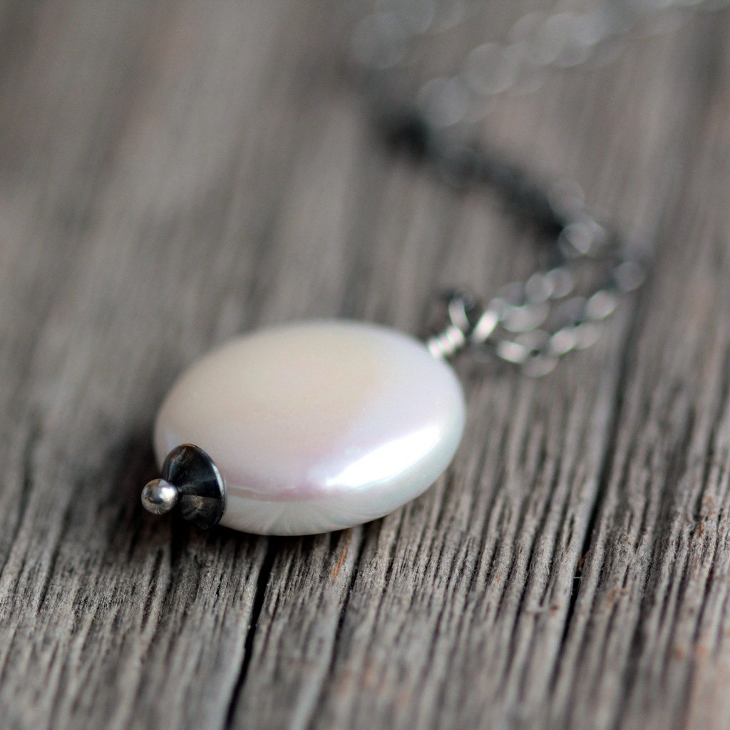 June Birthstone Large Coin Pearl Necklace on Sterling Silver Chain - La Lune - Freshwater Pearl Modern Necklace