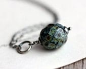 Black Cashmere Necklace - Picasso Czech Bead Pendant on Sterling Silver Chain - Modern Glass Beaded Necklace