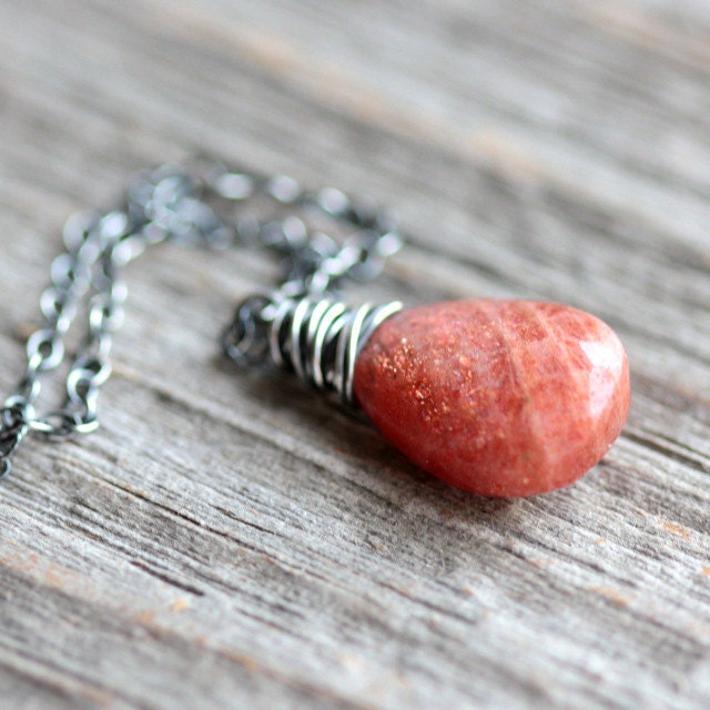 Sunstone Necklace - Orange Iridescent Gemstone on Oxidized and Polished Sterling Silver Chain - Solar Flare