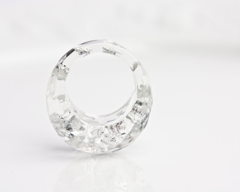 Icicle Resin Ring Silver Flakes Multifaceted  Oval Shape Cocktail Ring OOAK white pastel glam minimalist jewelry rusteam