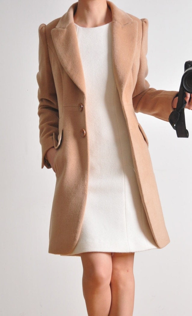 Beige Alpaca Blended Wool Single Breasted Pockets Midi Suit Coat