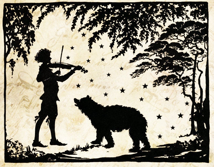Papercut Art "Boy the Fiddle and Bear the Stars" Music Folk Art - Woodland Whimsical Silhouette - Elegant Nursury Art Vintage Fairy Tale