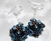 Swarovski Tahiti Glass Pearl Montana Blue Crystal Long Dangle Earrings Metallic Dark Copper Beadweaving Sterling Silver - "Ornate Blues"