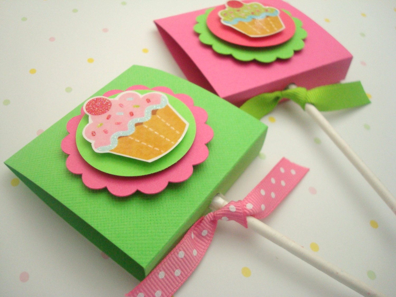 Cupcake Themed Lollipop Favors, Hot Pink and Lime Green, Set of Ten Il_170x135