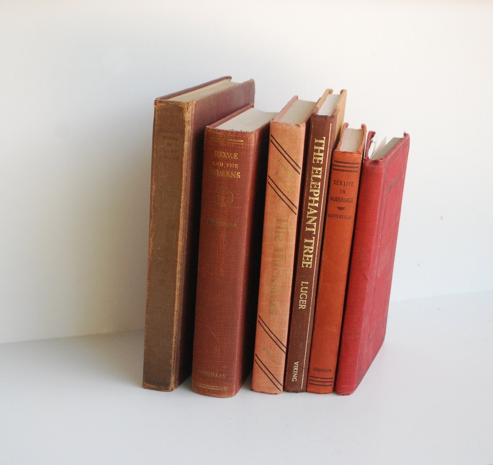 Rust Vintage Books- Back to school-Collection-Library- Six Books- Antique Hardback books- Red Orange Autumn display - cabinwindows
