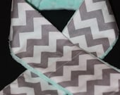 Camera Strap Slipcover Slip Cover Grey and White Chevron with Mint Minky  Free Lens Cap Pocket