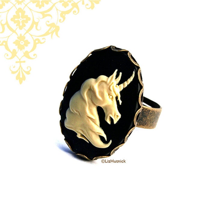 Unicorn Cameo Ring. Adjustable Ring. Ivory and Black. Mythical Horse. Novelty Ring
