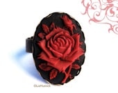 Gothic Rose Ring. Black and Red Rose Cameo. Adjustable Ring. Goth Victorian. Cocktail Ring