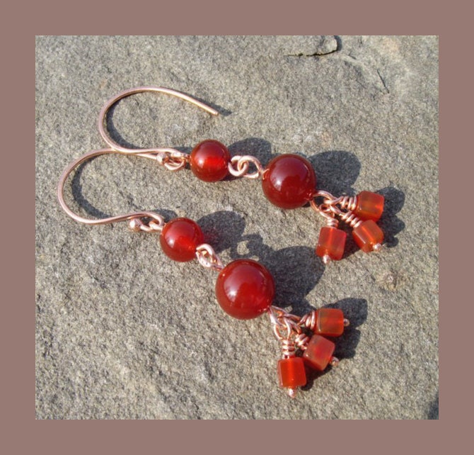 Pure Copper & Carnelian semi-precious gemstone earrings - handmade