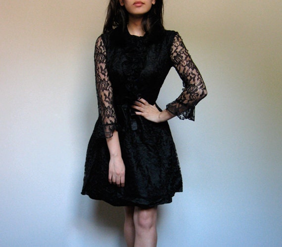 Black Lace Dress Mini Long Sleeved See Through Party Dress Ruffle Cocktail M