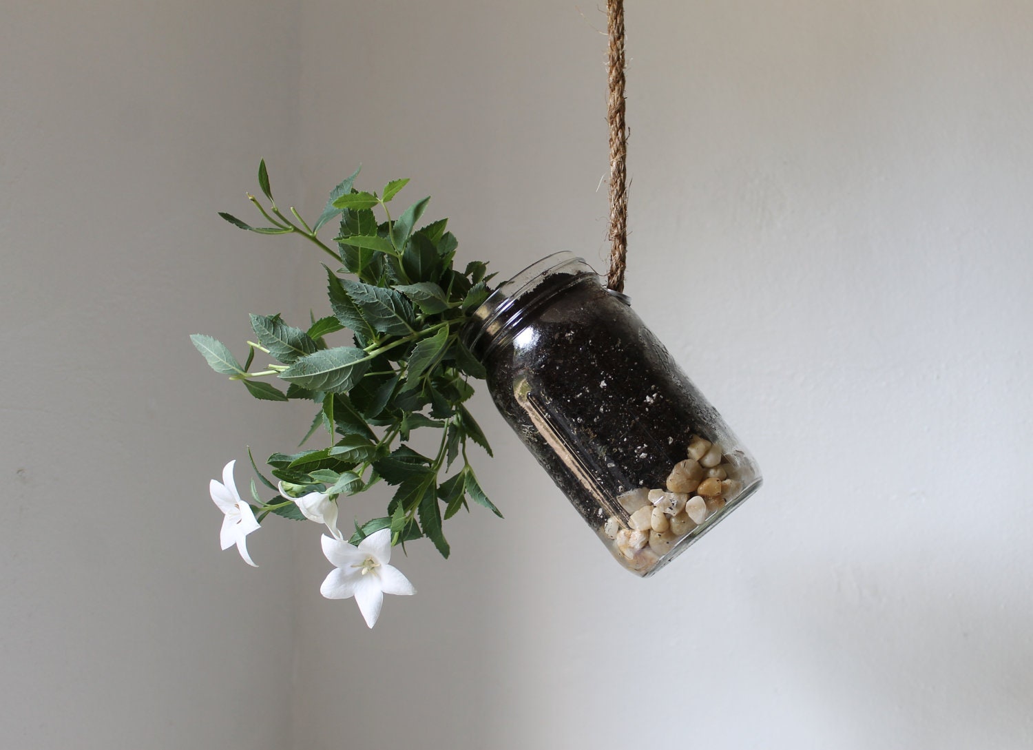 Hanging Mason Jar Planter with drainage - Upcycled home & garden decor - Quart Sized Ball Jar herb and flower planter - BootsNGus design - BootsNGus