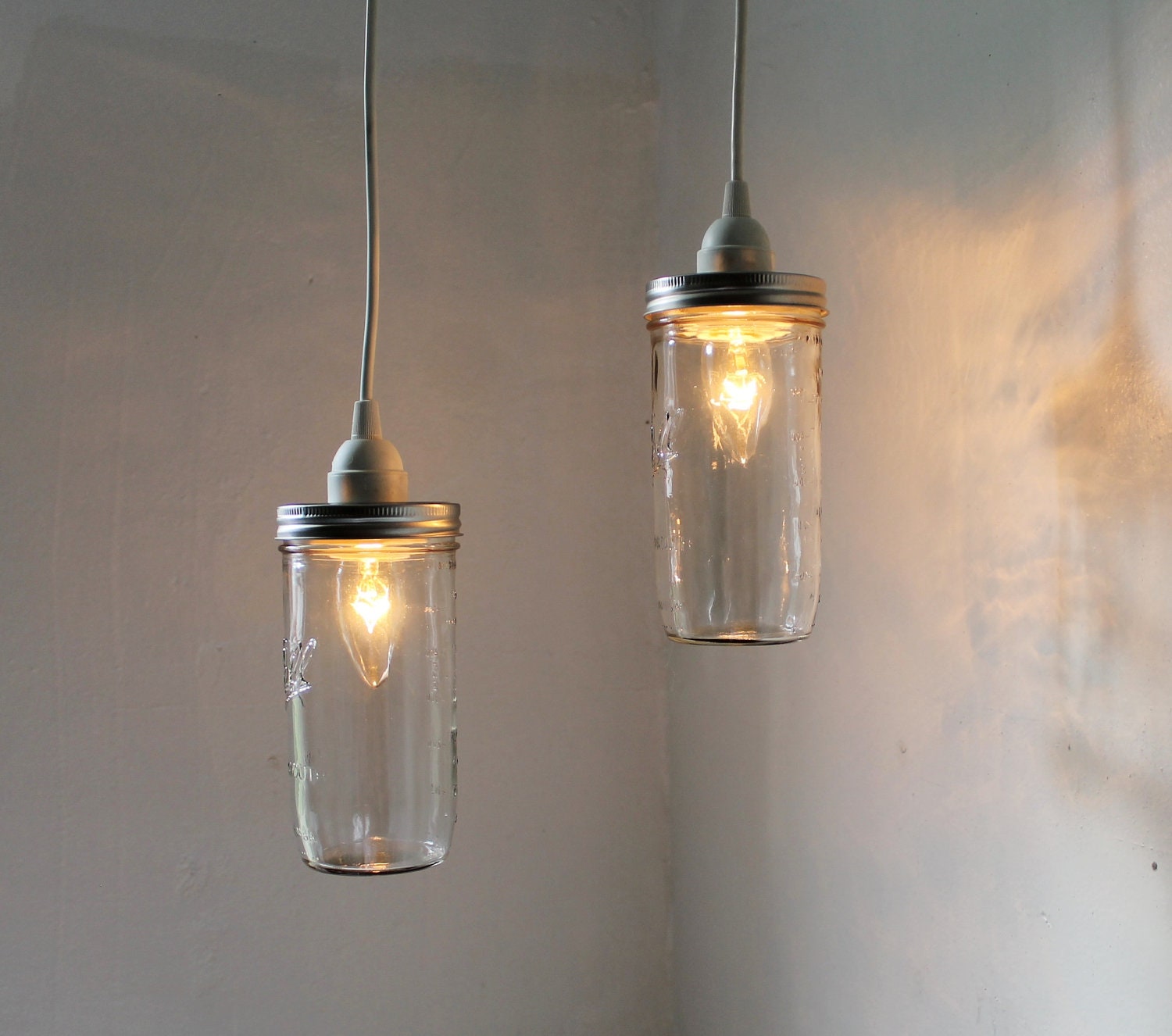 Stargaze - Set of 2 hanging Mason jar pendant lights - rustic modern country lighting fixtures - upcycled BootsNGus lamp design