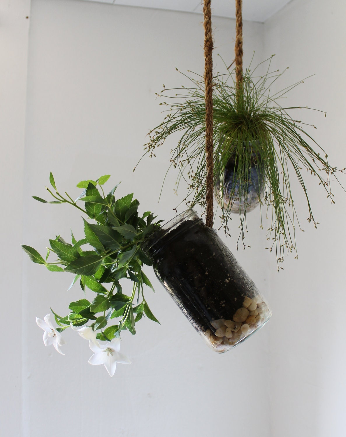 Set of 2 Hanging Mason Jar Planters with drainage - Upcycled home & garden decor - Quart and Pint Ball Jars BootsNGus design