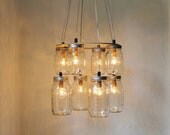 Double Decker MASON JAR Chandelier - Upcycled Hanging Mason Jar Lighting Fixture Direct Hardwire - BootsNGus Lamps Rustic Home Decor