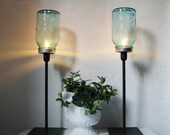 2 BLUE Antique Perfect Ball Mason Jar Table Top Lamps - Upcycled Lighting Fixtures - black metal and glass office lamps - BootsNGus design