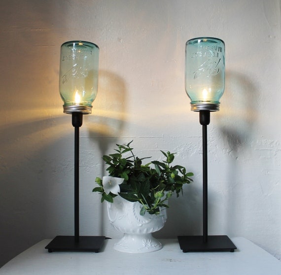 2 BLUE Antique Perfect Ball Mason Jar Table Top Lamps - Upcycled Lighting Fixtures - black metal and glass office lamps - BootsNGus design