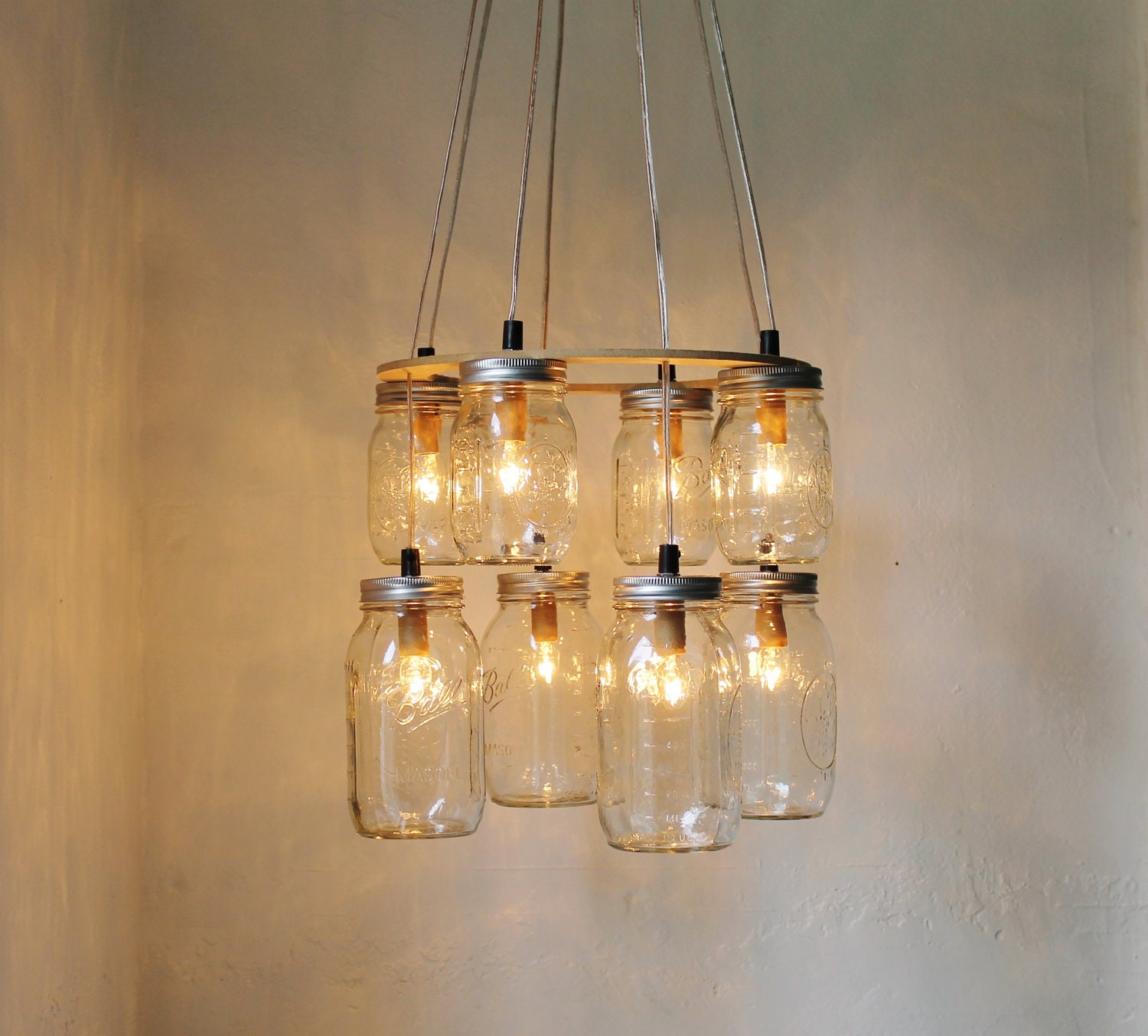 Double Decker MASON JAR Chandelier - Upcycled Hanging Mason Jar Lighting Fixture Direct Hardwire - BootsNGus Lamps Rustic Home Decor